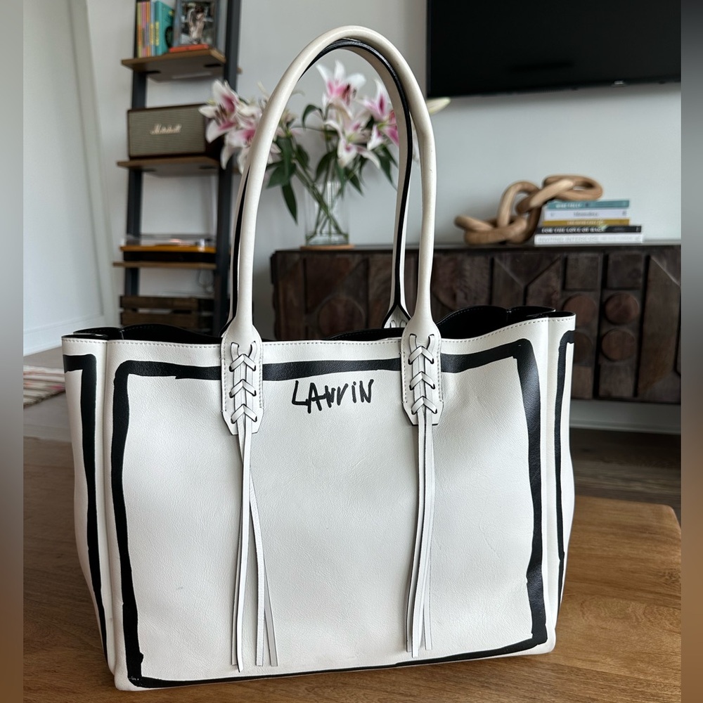 Lanvin black white graphic leather shopper tote fringe